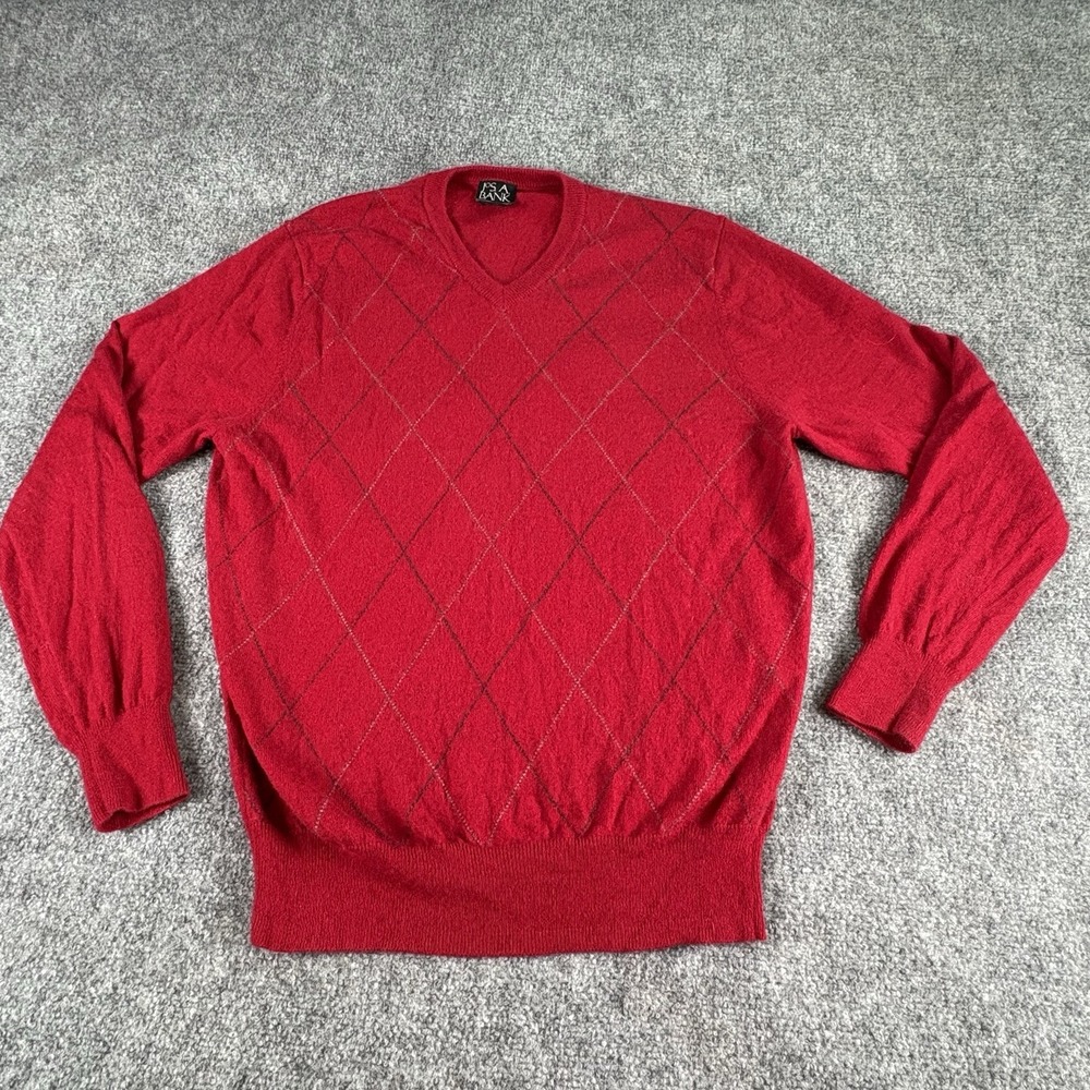 Vintage Y2K Jos A Bank Sweater Men M Red Lambswool Argyle  Preppy Academia Work‎
